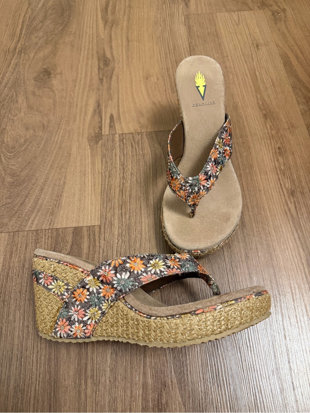 Volatile Floral Wedge Sandals in Orange, White, Brown